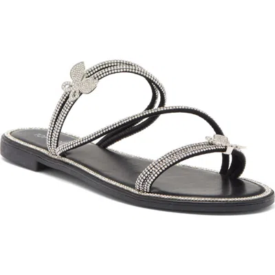 Top Guy Shoes Paz Crystal Butterfly Slide Sandal In Black Pu