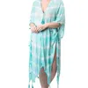 Top It Off Boho Tassel Kimono Wrap In Turquoise White In Multi