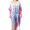 Top It Off Boho Tie Dye Lightweight Tassel Cover Up Kimono Wrap In Blue Pink In Multi