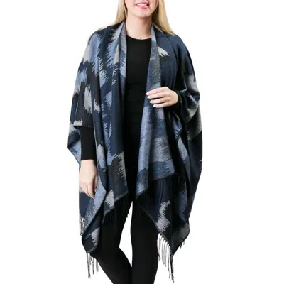 Top It Off Southwest Print Fringe Wrap Shawl In Ruana Dark Blue In Multi