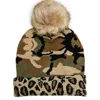 Top It Off Women's Pom Pom Knit Beanie Hat In Green Camo & Leopard In Brown