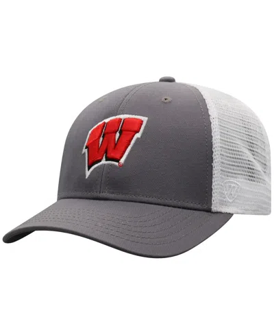 Top Of The World Men's Gray/white Wisconsin Badgers Victory Baseline Trucker Adjustable Hat In Gray,white