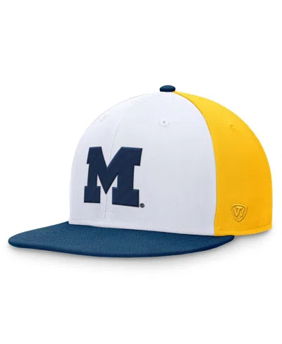 Top Of The World Men's White/navy Michigan Wolverines Tri-tone Heritage Collector Fitted Hat In White,navy