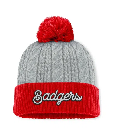 Top Of The World Women's Gray/red Wisconsin Badgers Becca Cuffed Knit With Pom Hat