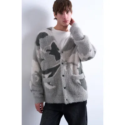 Topman Abstract Print Fuzzy V-neck Oversize Cardigan In Gray