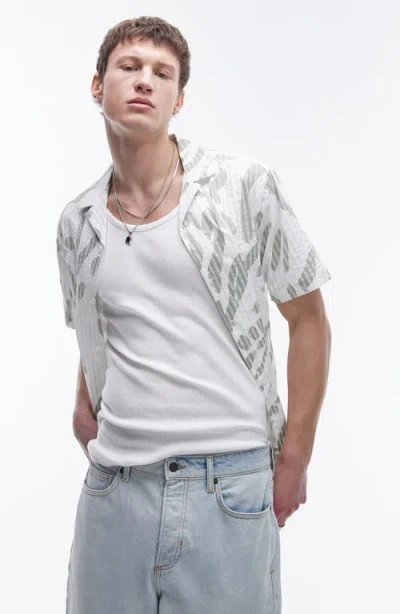 Topman Abstract Print Stripe Seersucker Camp Shirt In White