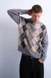 Topman Argyle Knit Crew Neck Sweater In Gray
