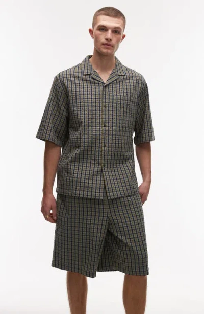 Topman Check Cotton Seersucker Camp Shirt In Blue