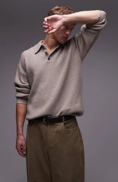 Topman Relaxed Fit Compact Knit Polo Sweater In Oatmeal-neutral