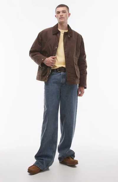 Topman Corduroy Collar Waxed Effect Jacket In Brown