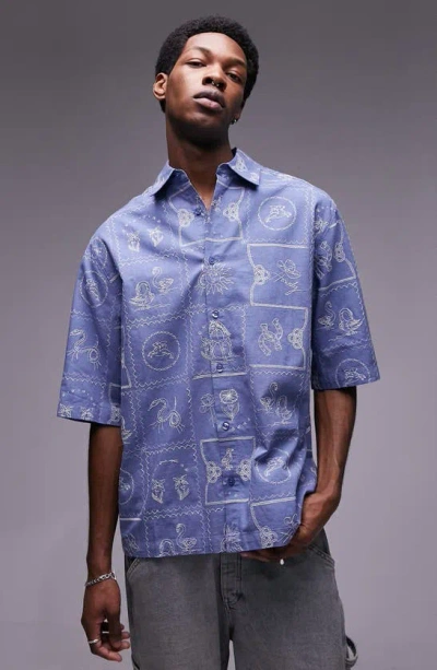 Topman Short Sleeve All-over Embroidered Cowboy Shirt In Blue