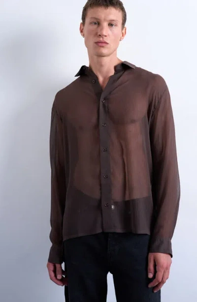 Topman Relaxed Fit Crinkle Texture Sheer Shirt In Brown