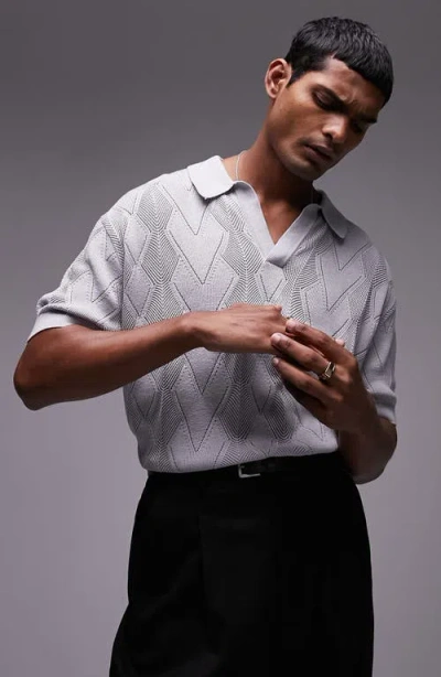 Topman Knit Diamond Pattern Pointelle Polo In Gray-green