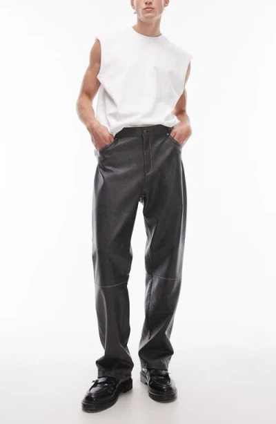 Topman Distressed Imitation Leather 5-pocket Pants In Black