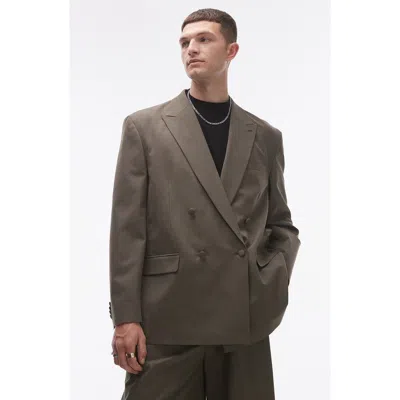Topman Double Breasted Blazer In Khaki Green
