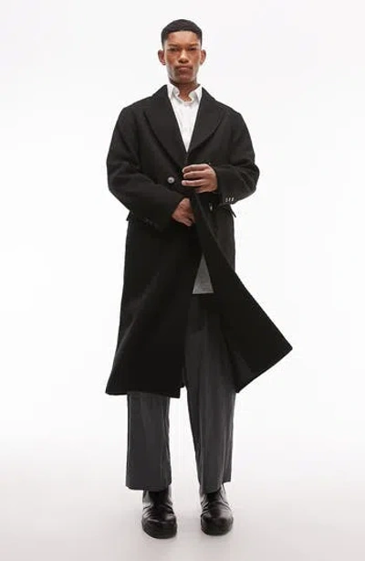 Topman Double Breasted Overcoat In Black