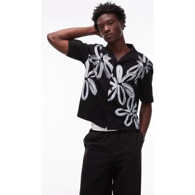 Topman Boxy Fit Button Up Jersey Shirt With Floral Print In Black