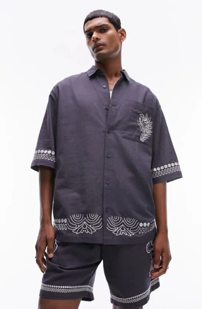 Topman Embroidered Cotton & Linen Button-up Shirt In Mid Blue