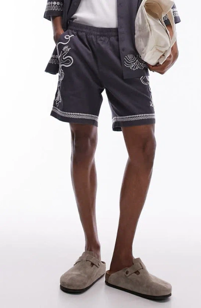 Topman Embroidered Cotton & Linen Shorts In Navy