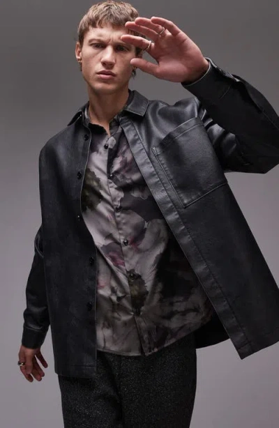Topman Faux Leather Shacket In Charcoal