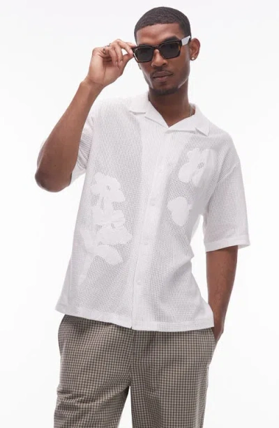 Topman Floral Appliqué Mesh Camp Shirt In White
