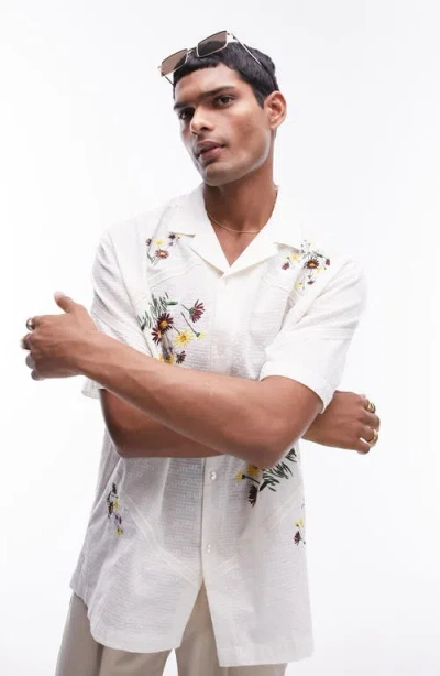 Topman Floral Embroidered Dobby Camp Shirt In White
