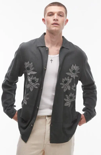 Topman Floral Embroidered Linen Blend Button-up Shirt In Medium Green