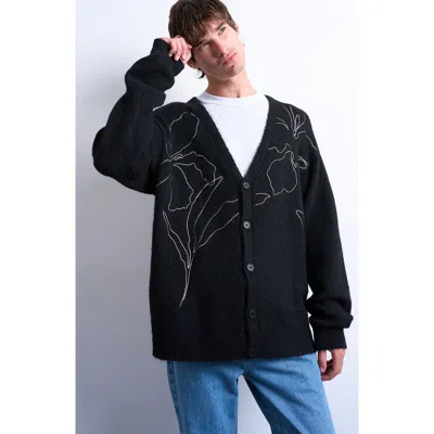 Topman Floral Embroidered V-neck Cardigan In Black