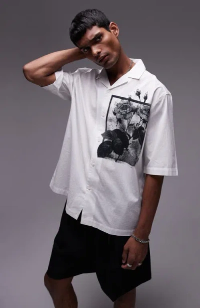 Topman Floral Print Placement Camp Shirt In White