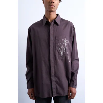 Topman Oversized Fit Poplin Shirt With Floral Embroidery In Brown