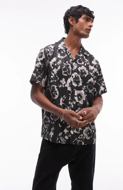 Topman Floral Satin Camp Shirt In Black
