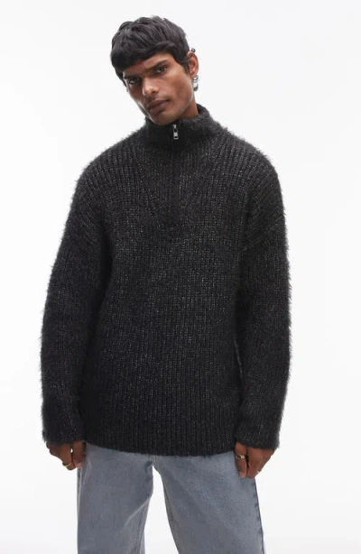 Topman Fluffy Quarter Zip Sweater In Black