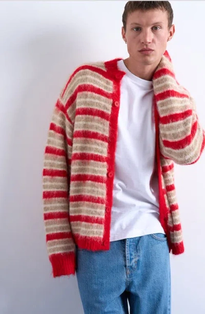 Topman Fluffy Striped Crew Neck Cardigan In Red