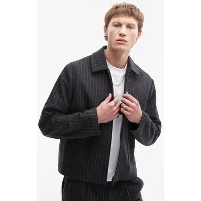 Topman Premium Pinstripe Wool Blend Harrington Jacket In Charcoal-navy