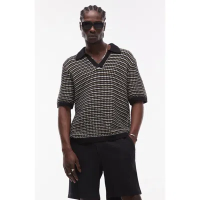 Topman Johnny Collar Textured Stripe Cotton Polo Sweater In Black