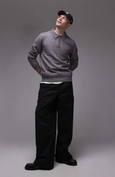 Topman Knitted Long Sleeve Zip Polo In Grey