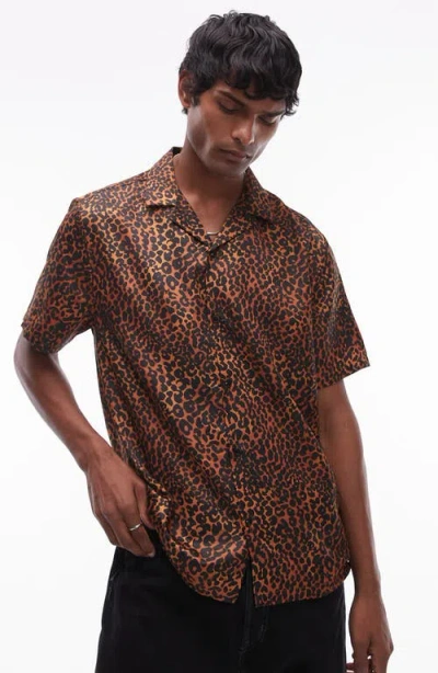 Topman Short Sleeve Leopard Print Shirt In Brown