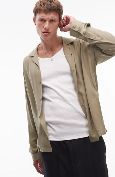 Topman Long Sleeve Camp Shirt In Khaki