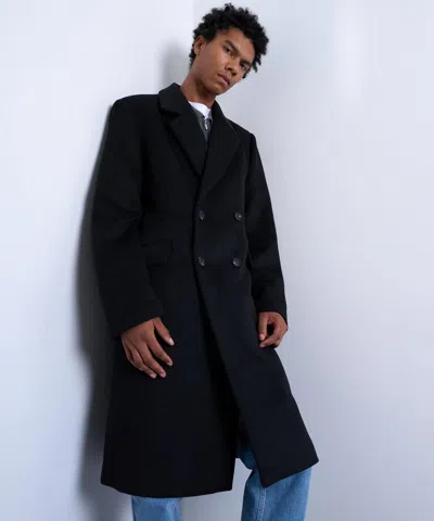 Topman Mens Black Double-breasted Wool-blend Overcoat