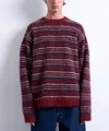 Topman Relaxed Fit Fluffy Knit Striped Sweater In Burgundy
