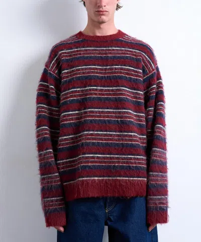 Topman Relaxed Fit Fluffy Knit Striped Sweater In Burgundy