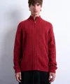 Topman Cable Knitted Zip Through Funnel Neck Cardigan In Red