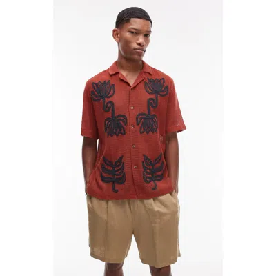 Topman Oversize Floral Appliqué Camp Shirt In Brown