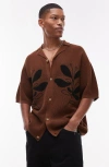 Topman Oversize Floral Appliqué Knit Camp Shirt In Brown