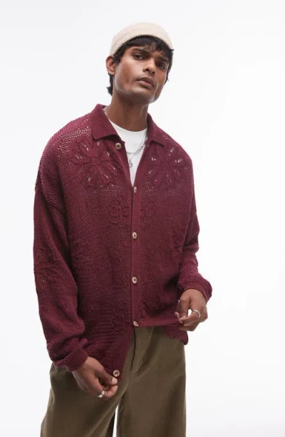 Topman Oversize Floral Jacquard Cotton Pointelle Cardigan In Red