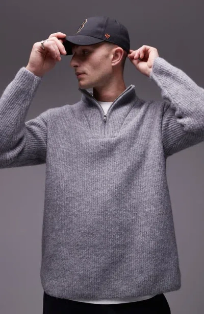 Topman Oversize Half Zip Rib Sweater In Gray