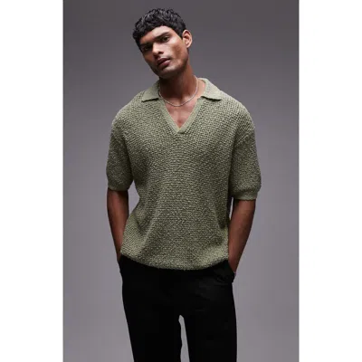 Topman Knit Camp Collar Polo In Khaki-green