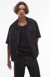 Topman Oversize Knit Cotton Blend Camp Shirt In Blue