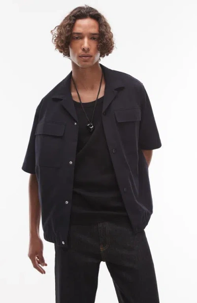 Topman Oversize Knit Cotton Blend Camp Shirt In Blue