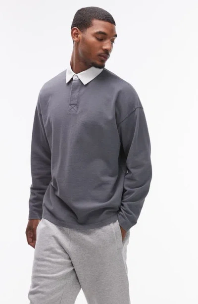 Topman Oversize Long Sleeve Polo In Charcoal